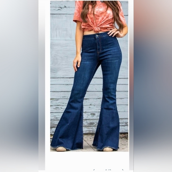 Lucky & Blessed Denim - Lucky & Blessed Denim High Waisted Blue Raw Edge Bell Bottom Flare Fit Size 16